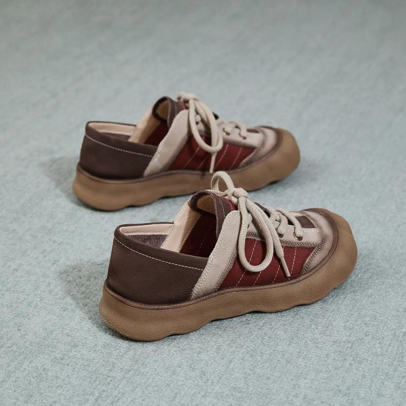 Johnature Genuine Leather Mixed Colors Casual Shoes Versatile Soft Soled Lace-up Flat Women's Shoes