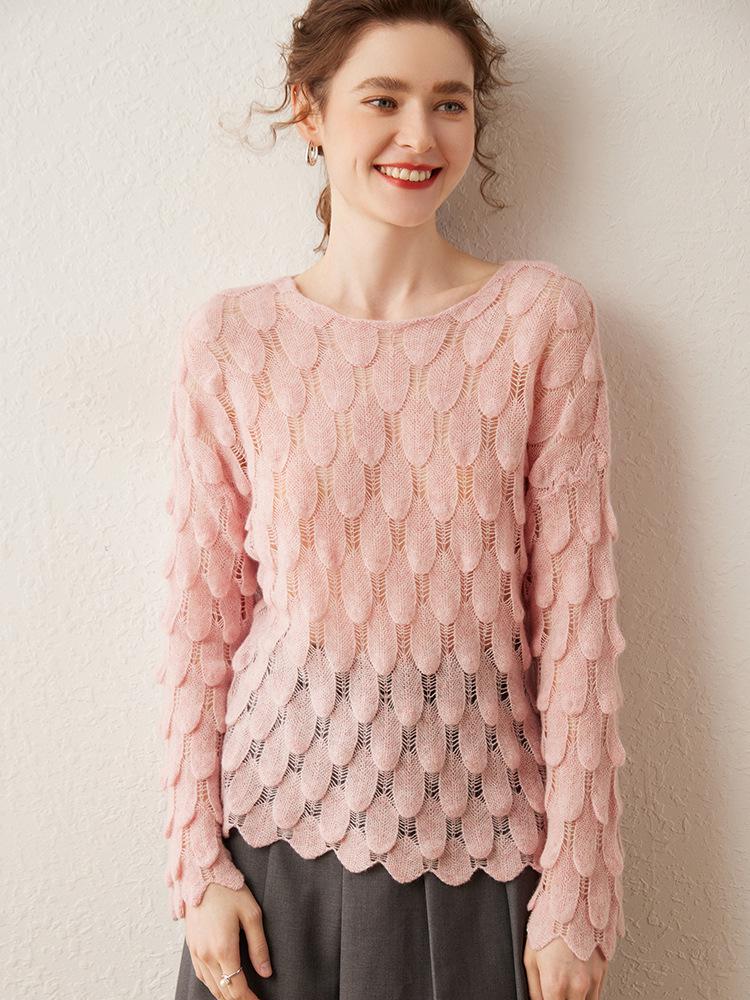 Cashmere Openwork Feather Knit Round Neck Long Sleeve Sweater