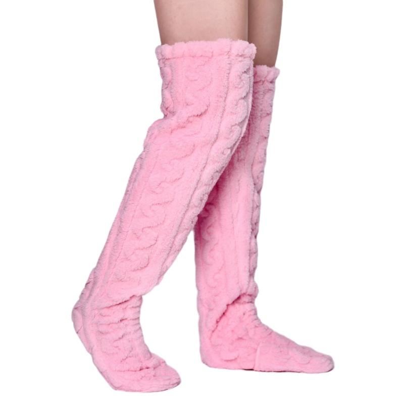 Women Furry Thigh High Slipper Socks Solid Color Cable Pattern Fleece Fuzzy Over Knee Stockings Winter Warm Leg Warmers