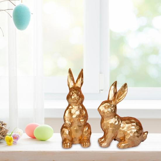2Pcs Easter Bunny Ornament Carved Golden Rabbit Resin Figurine Animal Statue Home Office Holiday Party Desktop Decoration