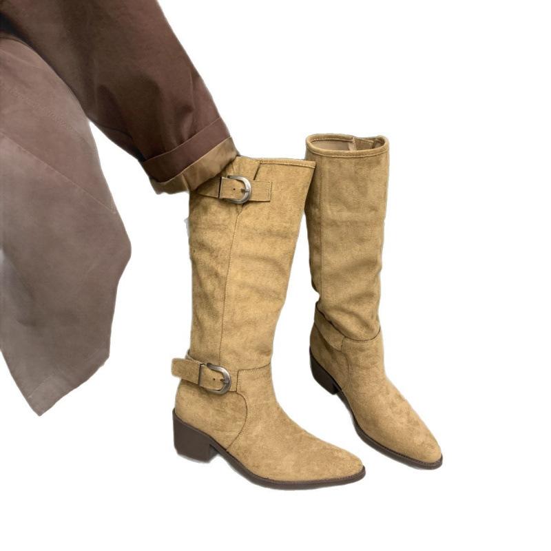 2025 New Fashion British Style Belt Buckle Splicing Western Cowboy Boots Pointed Head Thick Heel Sleeve Fashion Knight