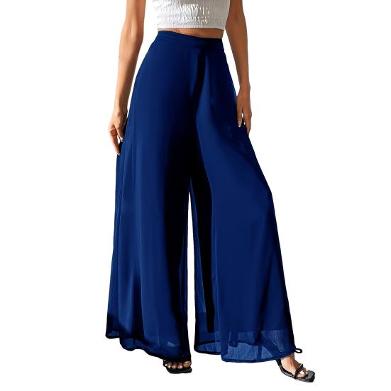 Women Pants Elastic High Waist Wide Leg Loose Fit Casual Trousers Summer Chiffon Long