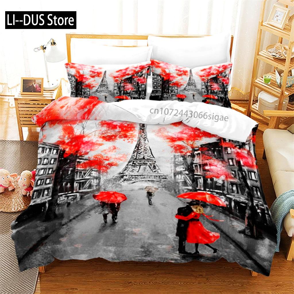 Duvet Cover Eiffel Tower Romantic Couple Flower King Comforter Cover Microfiber France Paris Cityscape Bedding Set For Teen