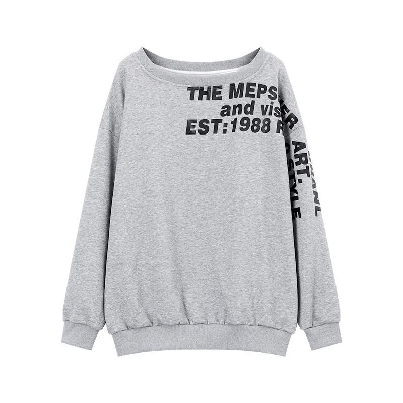 American-Style Oversized Off-Shoulder Sweater: Letter Print, Long Sleeve, Casual Loose Fit for Women In Early Autumn.