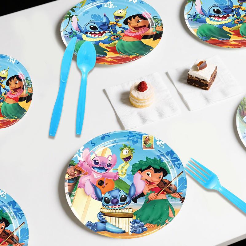 Star Baby Stitch Themed Tableware Set Flag Balloon Disposable Paper Plate Tissue Tablecloth Party