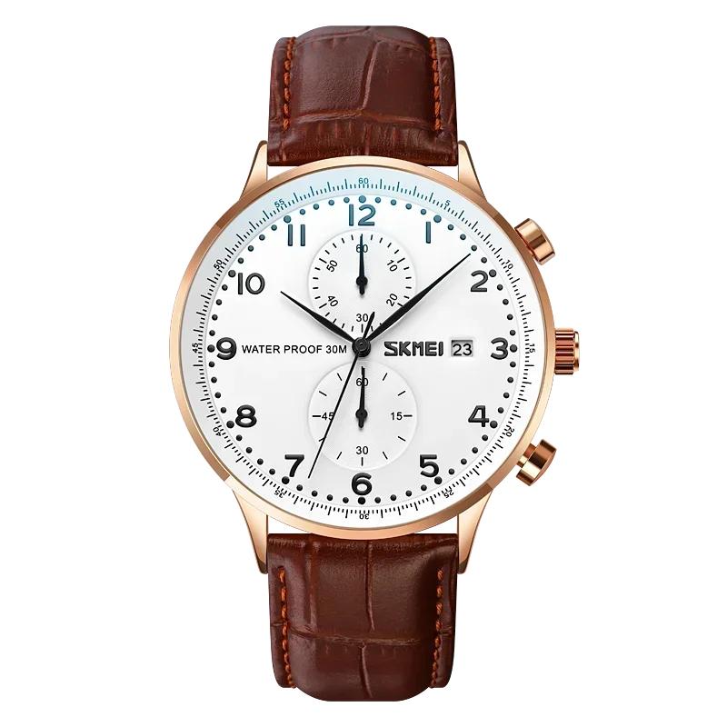 Skmei Mens Top Brand Luxury Genuine Leather Strap Waterproof Date Wristwatch Clock Reloj Hombre Stopwatch Quartz Watches 9301