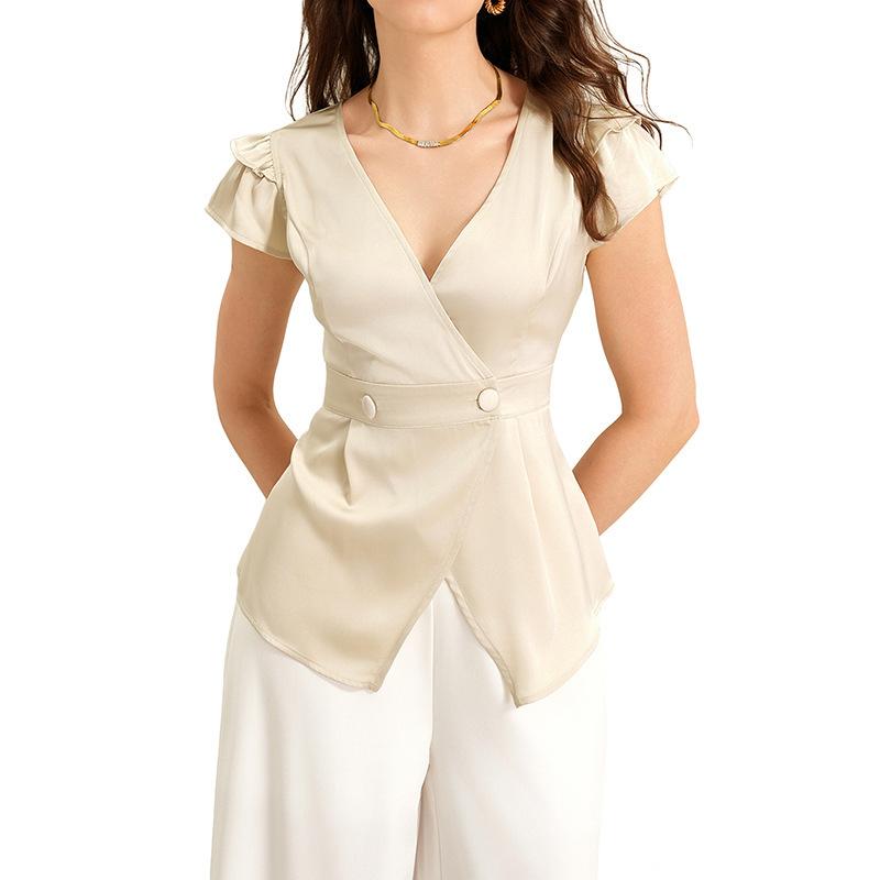 Summer Blouses for Women Slim Fit Lightweight Button Elegant V Neck Dressy Casual Ruffle Sleeve Satin Tops Fashion Clothing