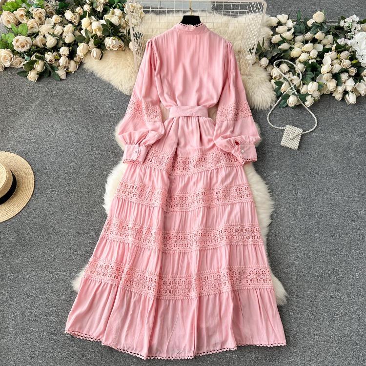 Luxury Party Dress for Women Long Lace Hollow Out Bandage Runway Patchwork Solid Lantern Sleeve Single Breasted Stand Dress