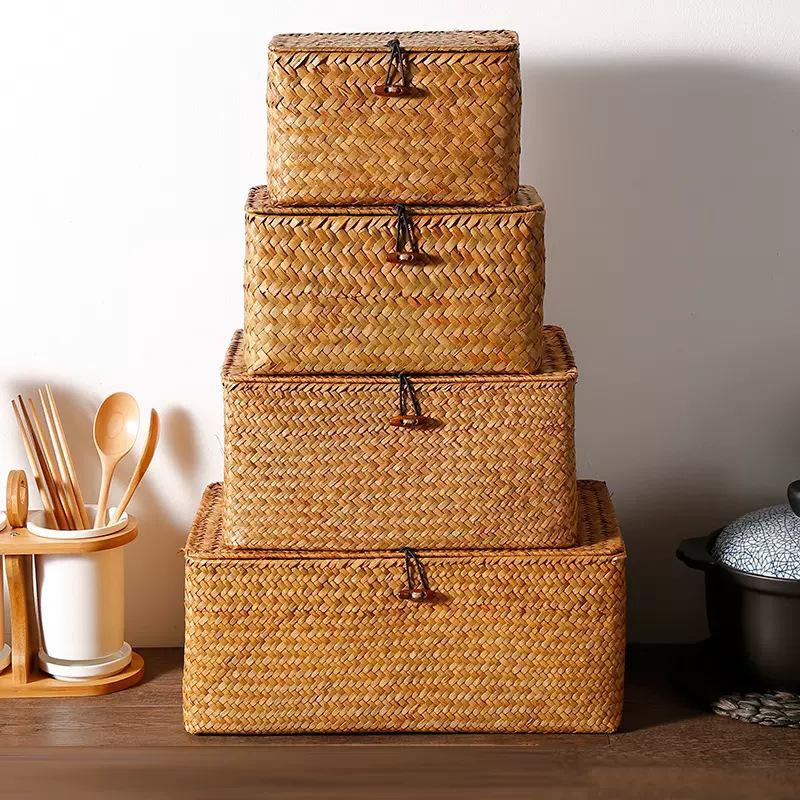 Japanese Style Bamboo Woven Storage Box with Lid - Haili Rattan Souvenir Basket