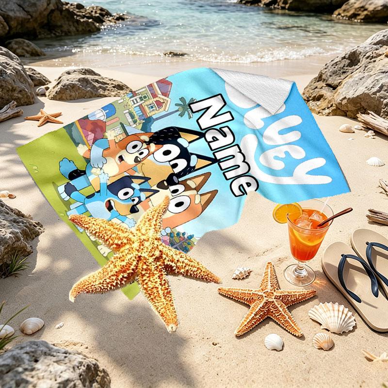 Custom Name Personalized Bluey Print Beach Towel, for Trip Camping Beach Party Home Decor, Birthday Gift for Family & Friends