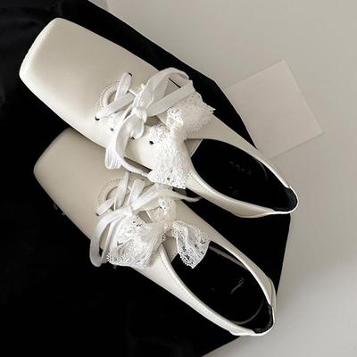 Cowhide Version~ French Retro Lace Mary Jane Small Leather Shoes Women's Square Head Thick Heel Lace-up Ballet Shoes Single Shoes Women