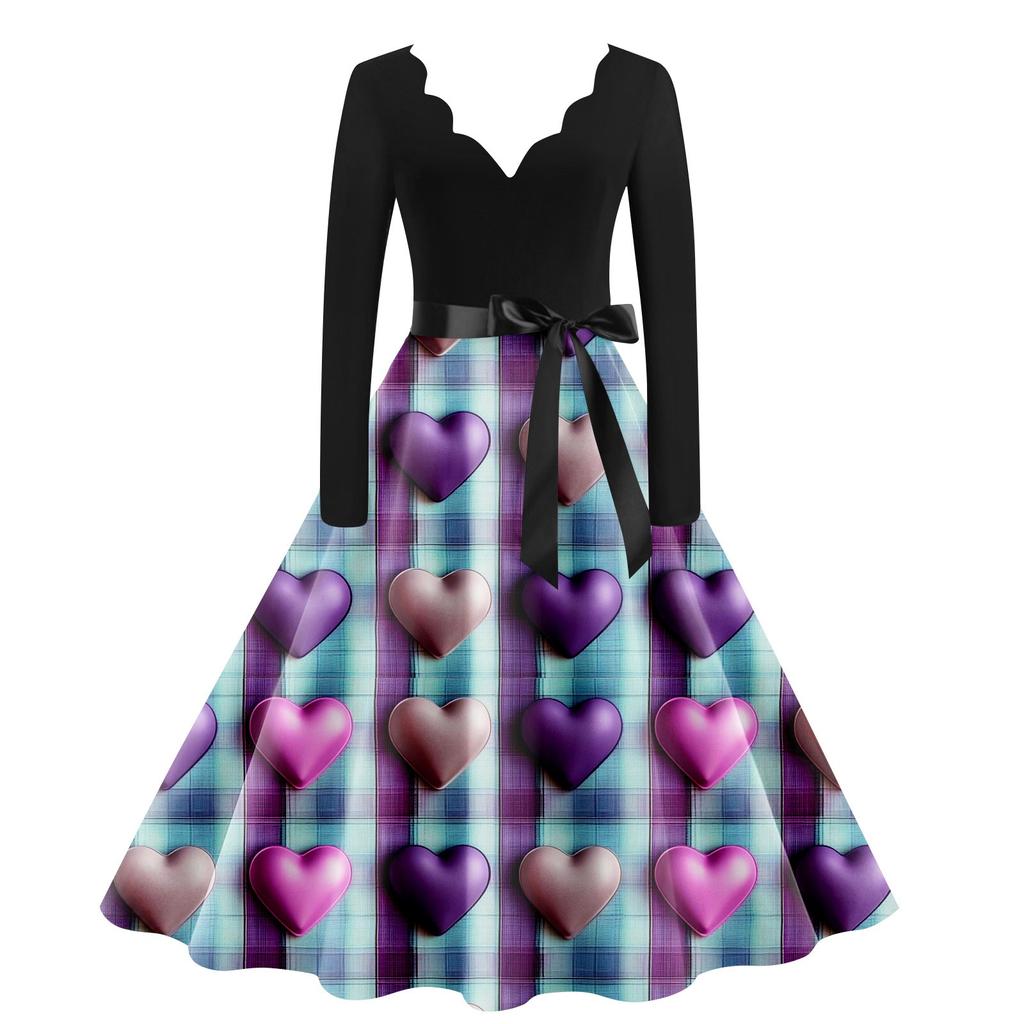 Women's Casual Fashion V Neck Long Sleeve Cute Printed Vintage Long Dress