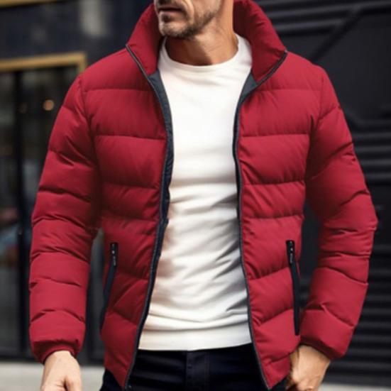Men Down Coat Stand Collar Long Sleeve Full Zipper Closure Solid Color Jacket Coat with Side Zipper Pockets Outdoor Leisure Quilted Outwear