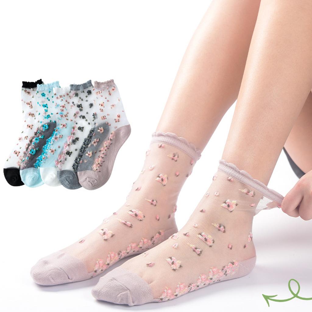 5 Paare Damen Blumen Socken Sommer Spitze Kristall Glasseide Socken Kurz Dünn Transparent Rosen Jacquard Elastische Ultradünne Socken