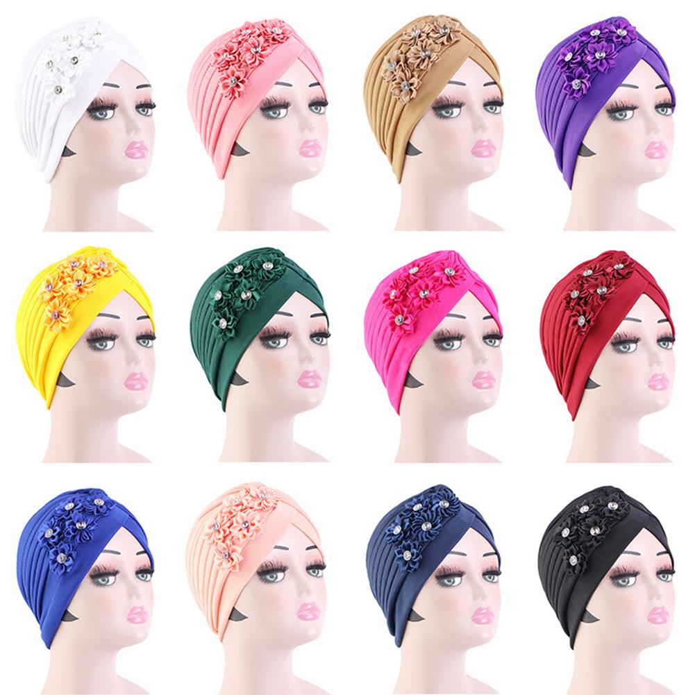 4Pcs Women Turban National Style Diamond Flower Beanie Elastic Head Wrap Cap Chemo Headwear Accessories