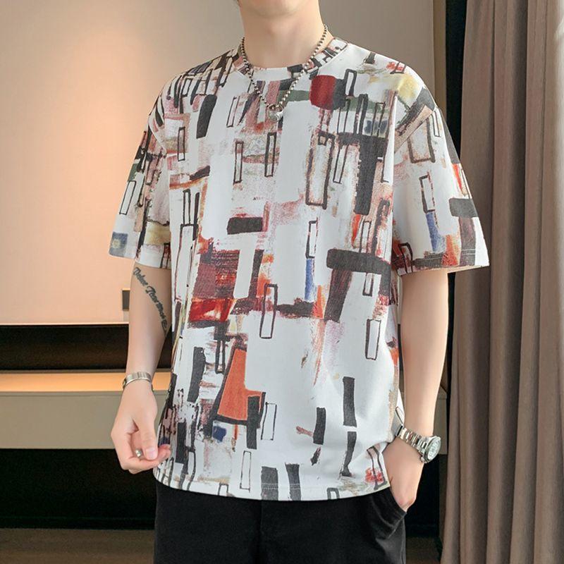 Young Style Hand-Painted Pullovers Men's Clothing Chic Contrasting Colors Summer Short Sleeve Loose Casual Round Neck T-shirts