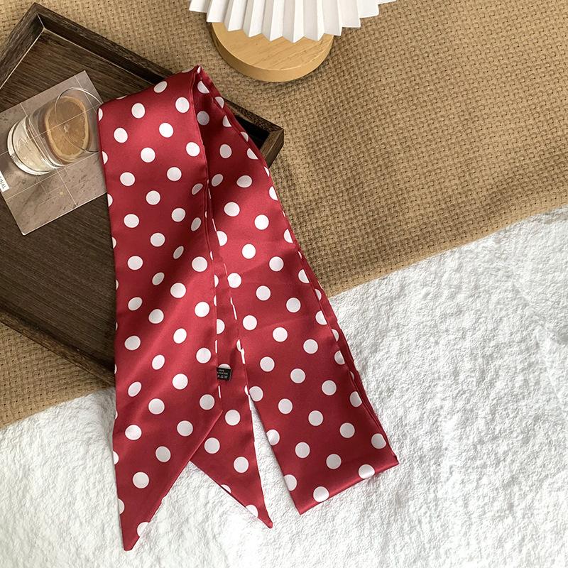 Polka dot silk scarf, long strip, high-end sense, summer retro binding, ribbon, streamer, multi-purpose, small scarf, headscarf, headband, belt.