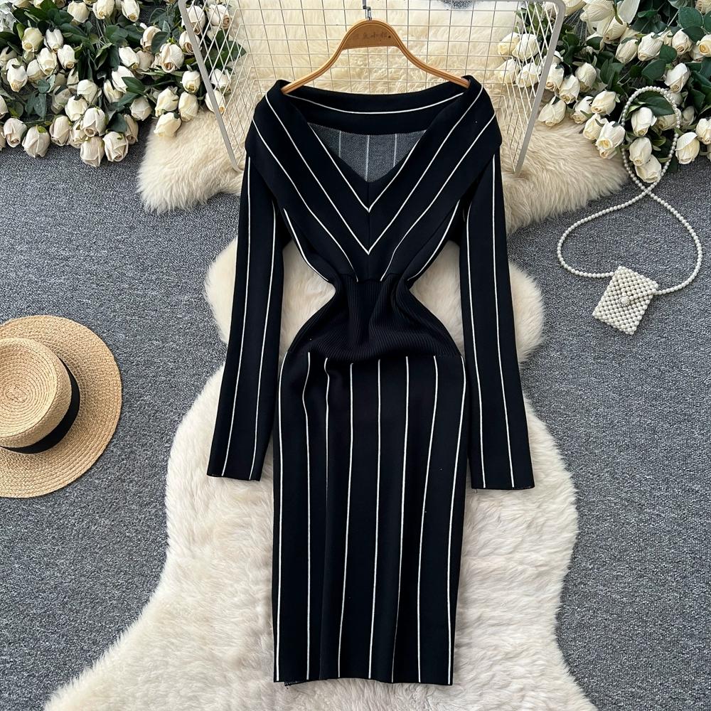 Autumn Winter Women Casual V-neck Full Sleeve Striped Knitted Sweater Slim Bodycon Sheath Dresses