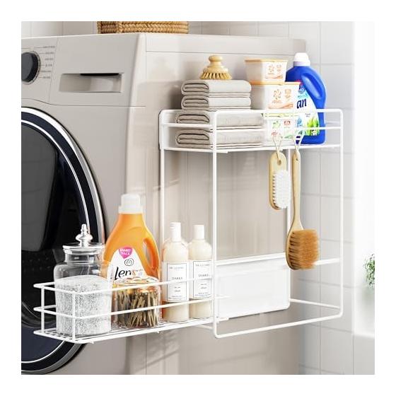 Orimade Magnetic Storage Rack Next to the Washing Machine, 2 Tiers, White, Comes with Drawer, No Installation Required, Storage Next to the