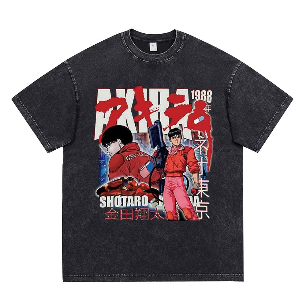 Anime Akira Vintage Washed T Shirt 90s Science Fiction Movie Shotaro Kaneda Short Sleeve T Shirts Cotton Casual Loose T-shirts