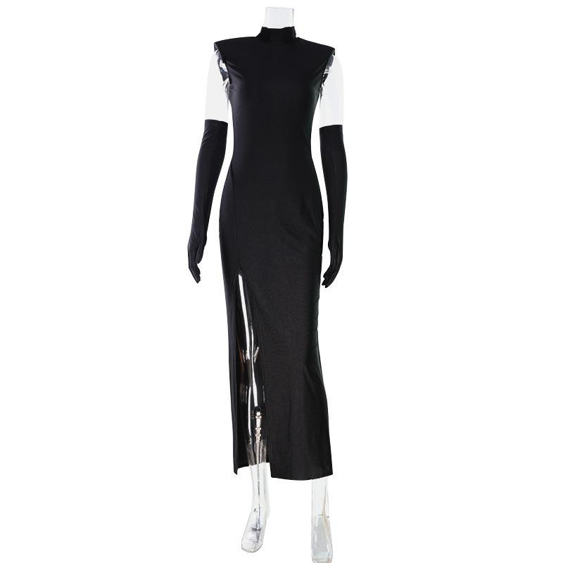 Women Solid Color High Split Slim Long Evening Prom Dress With Gloves