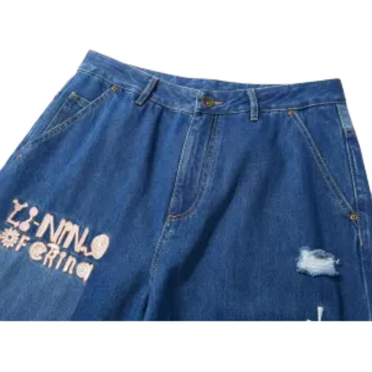 Li Ning Letter Mid Waist Straight Leg Jeans Herren Jeans Dunkel-Denim-Blau AJQT373-1