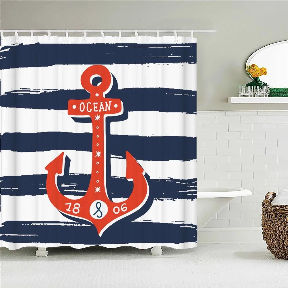 Waterproof Frabic Shower Curtains Nordic Style Mediterranean Nautical Anchor 3D Printed Bathroom Curtain Polyester Bath Curtain