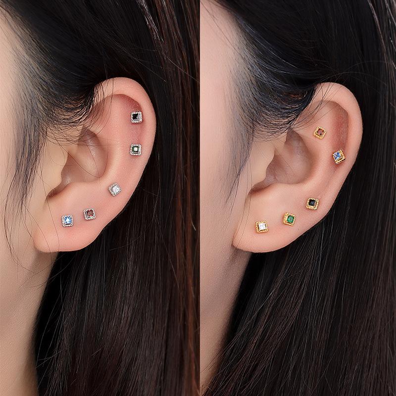 925 Sterling Silver Colorful Zircon Geometric Mini Stud Earrings for Women Hypoallergenic Jewelry Gift