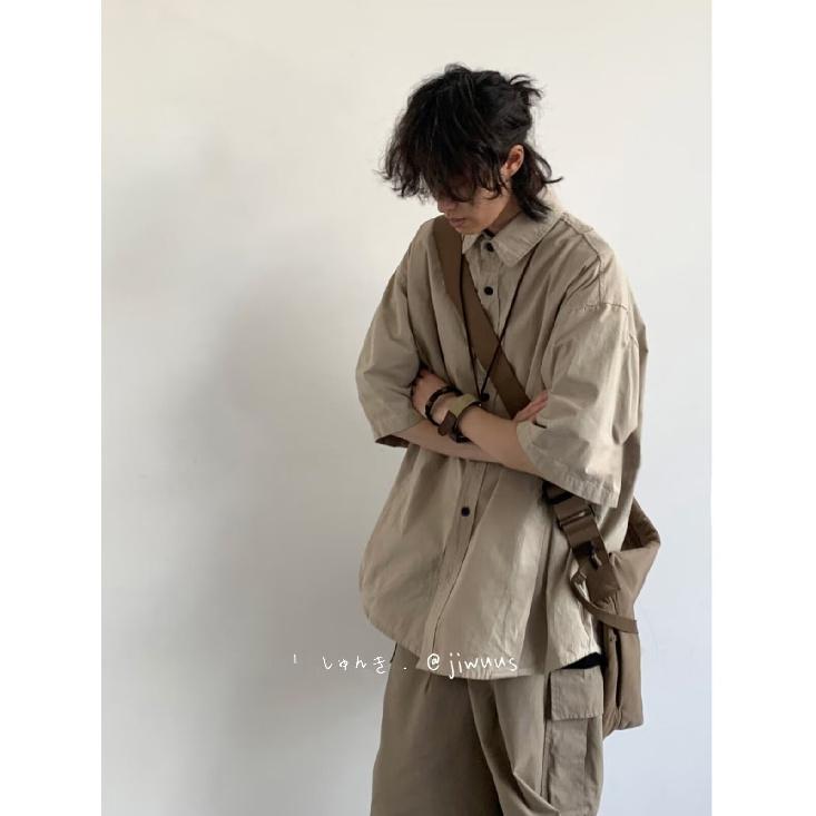 Hong Kong Style Retro Short Sleeved Shirt Men's Summer Japanese Loose Workwear Casual Five Quarter Sleeved Top Jacket