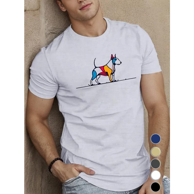 European Sizes Men's Casual Geometric Bull Terrier Sketch T-Shirt, Short Sleeve, Summer Top, Polyester, Regular Fit, Round Neck