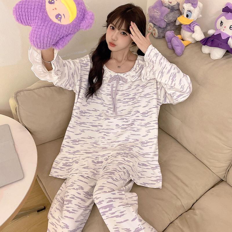 Women's Polka Dot Cloud Cotton Pajama Set - Sweet Korean Style with Large Lapel, Long Sleeves, and Pants for Spring, Autumn, and Winter.