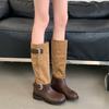 2025 new versatile fashion boots women's retro suede splicing round head knight boots belt buckle thick heel boots