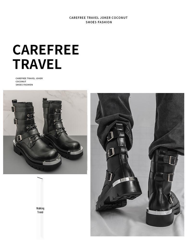 Stivali da Motociclista in Pelle Alti con Suola Spessa da Uomo