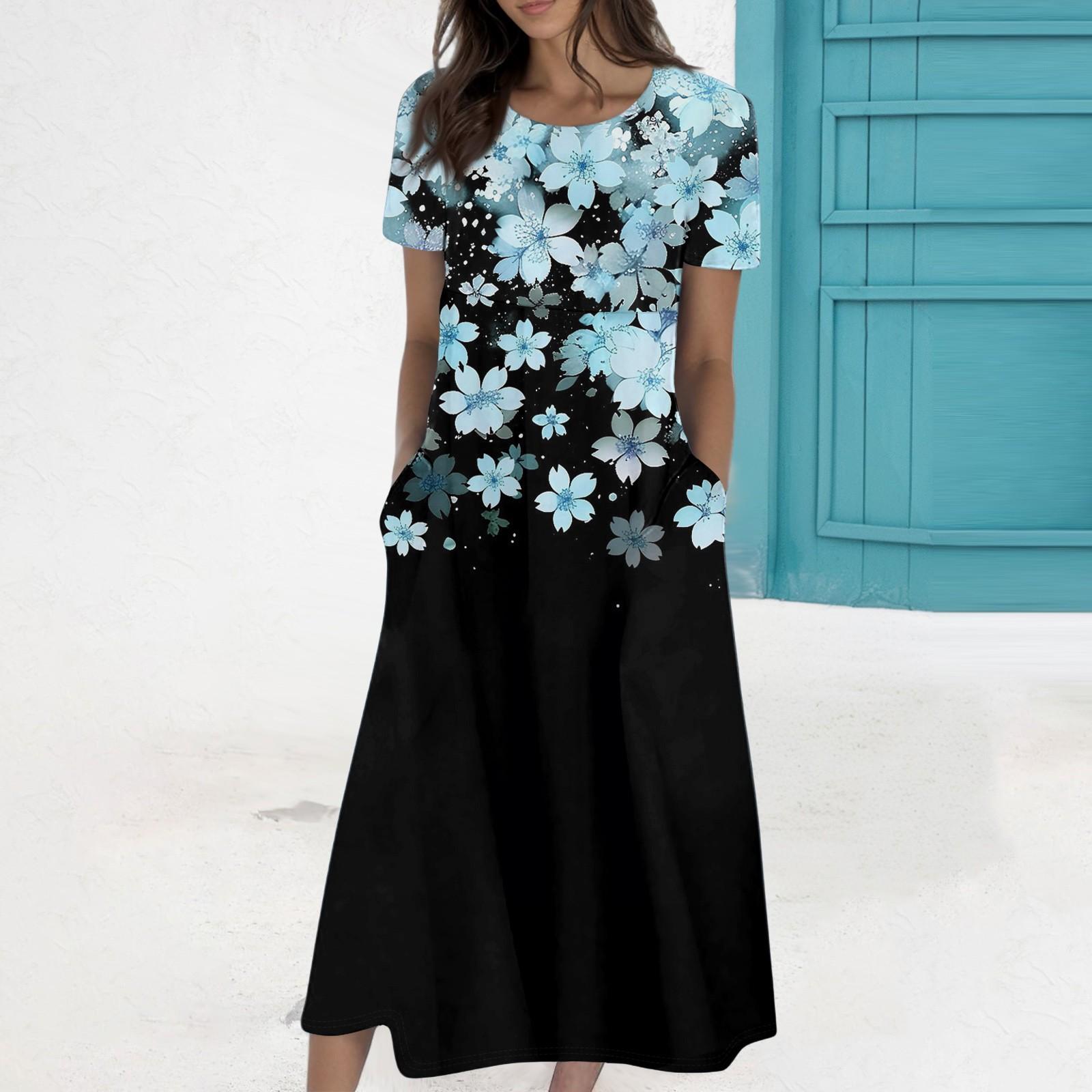 

Women s Summer Casual Fashion Printed Short Sleeve Round Neck Pocket Dress XL небесно-голубой