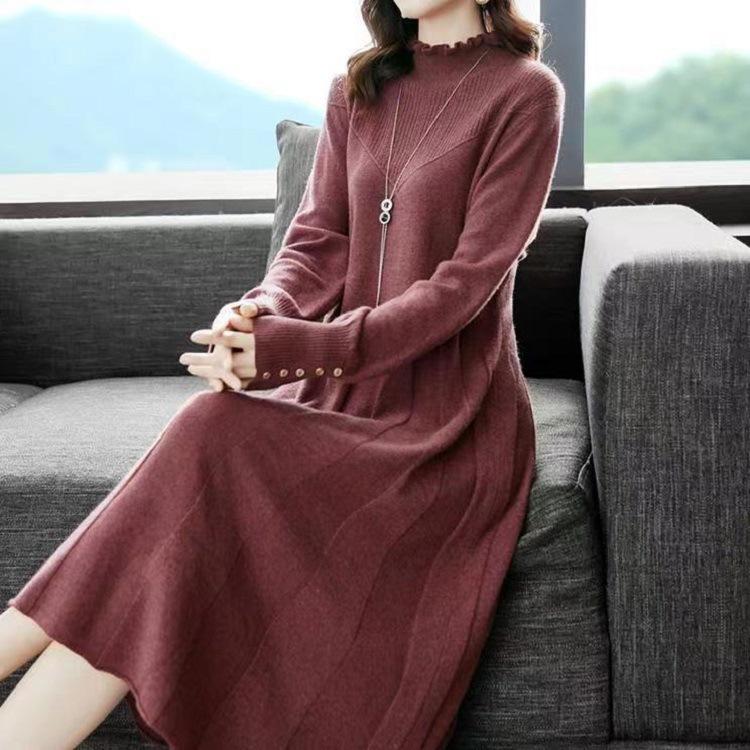 Rochie Midi Tricotată Gât Mediu Gros Mânecă Lungă Tricotaje Vestidos Larg Pulover Supradimensionat Robă Femei Rochii de Toamnă