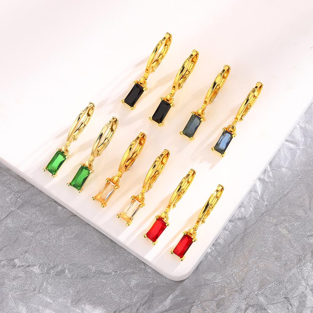 Green Zircon Square Ear Buckle Retro Cold Wind Earrings Blogger Stacked Geometric Rectangular Earrings Tide