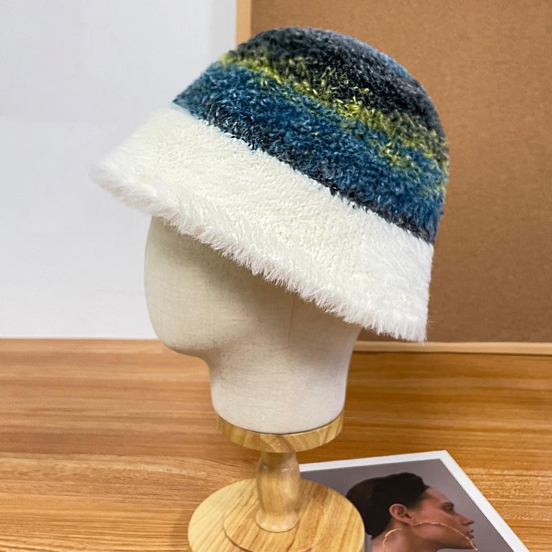 Fashionable Thickened Plush Fisherman Hat for Women In Autumn and Winter Outdoor Warm Rainbow Knitted Basin Hat That Looks Smaller