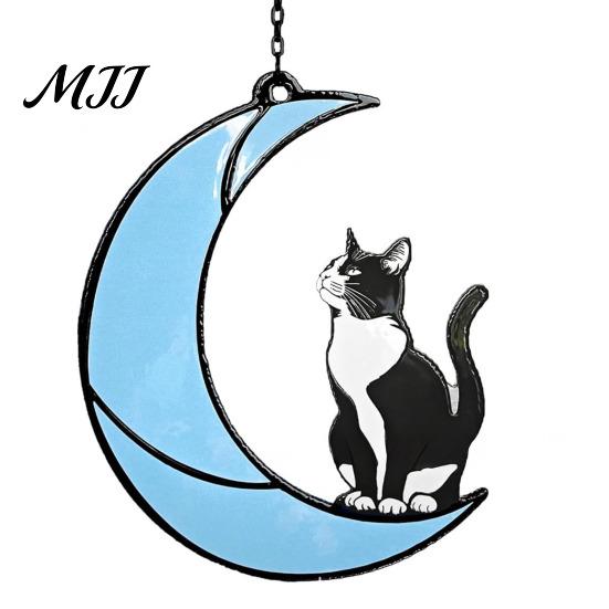 Cat Wall Art Acrylic Hanging Pendant with Chain, Animal Ornament for Window Light Translucent Decor, Cute Lover Gift Home Room Decoration Decor
