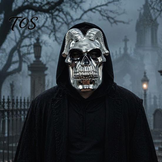 Detailed Devil Mask Halloween Skull Mask, Silver Demon Ram Horn Face Realistic Horned for Party, Scary Headgear, Glossy Metallic Cosplay Prop