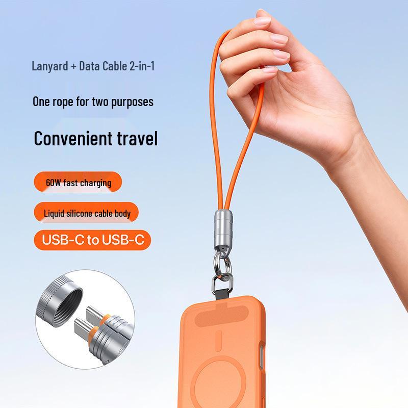 Dual Type-C & Lightning Zinc Alloy Silicone Lanyard Cable, 60W Fast Charger