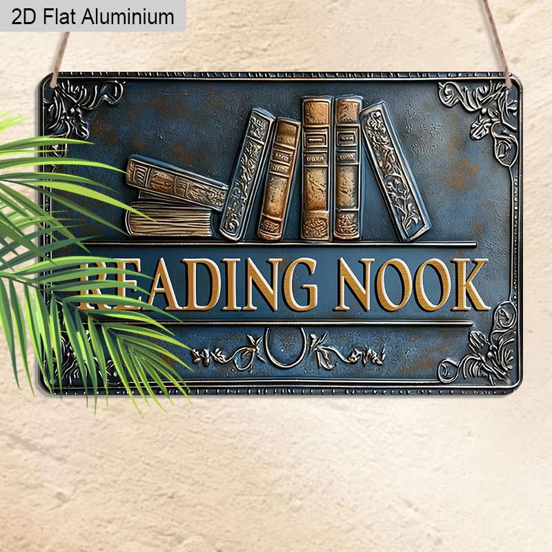 2D Flat 1pc 12"x8" Retro Book Stack Aluminium Wall Art with "READING NOOK" Quote - Vintage Home Library Decor, Classic Book Design, Durable Aluminium