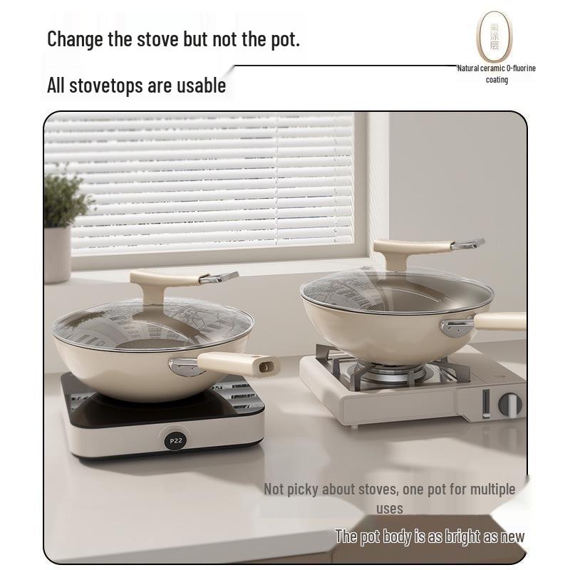 Titanium Ceramic Flat-Bottomed Non-Stick Stir-Fry Pan, Milk White, Wear-Resistant and Scratch-Resistant for Kitchen Use