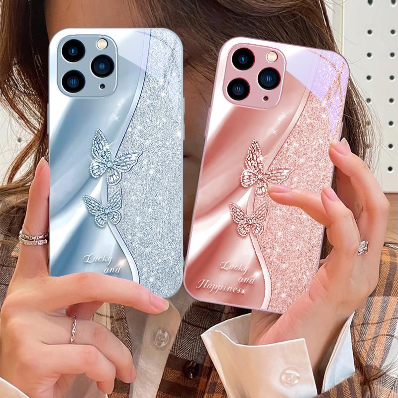 Goldener Schmetterling für iPhone 16 Pro Max 15 Pro 14 13 12 Mini 11 XS Max XR 7 8 Plus SE 2022 Gehärtetes Glas Handyhülle