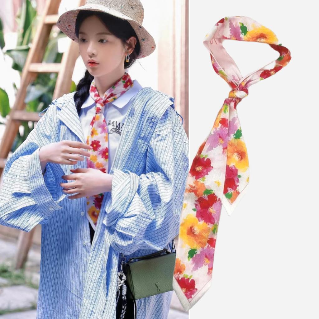 French green small long narrow silk scarf women's spring and autumn pointed corner tied bag ribbon braided hair band headgear scarf streamer belt