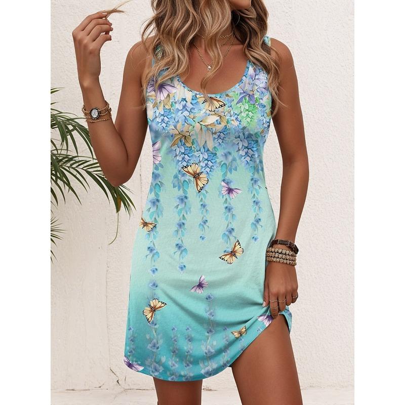 Women's Sleeveless U-Neck Loose Mini Dress, Floral, Casual Summer Vacation Daily Dress