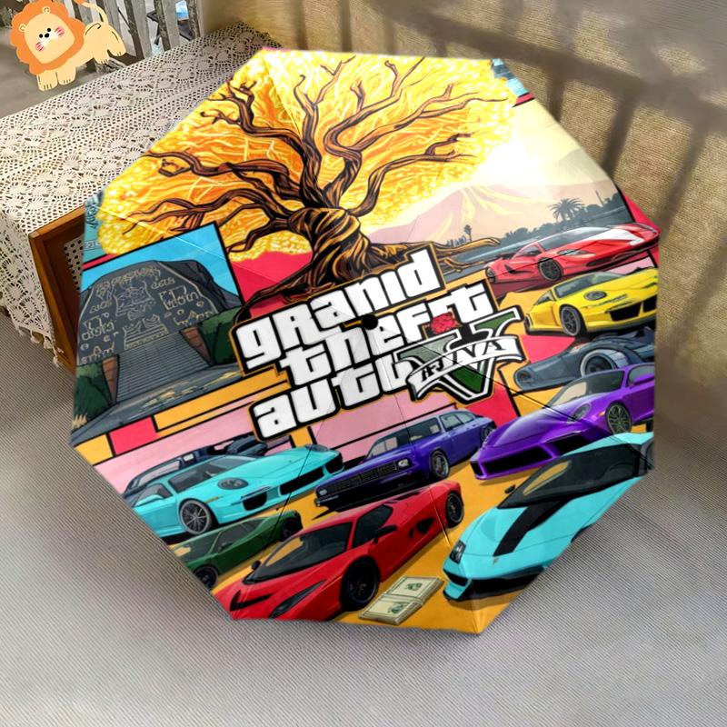Vibrant Grand Theft Auto V Artwork Folding Umbrella 8 Paraphenoid Bones Durable Three Folds Sun Umbrella Gift