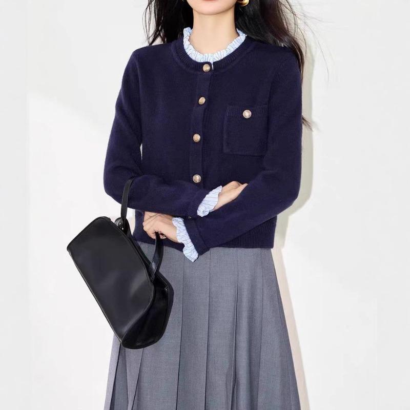 Autumn and winter fake two-piece crew neck knitted sweater top shirt collar sweater cardigan jacket women
