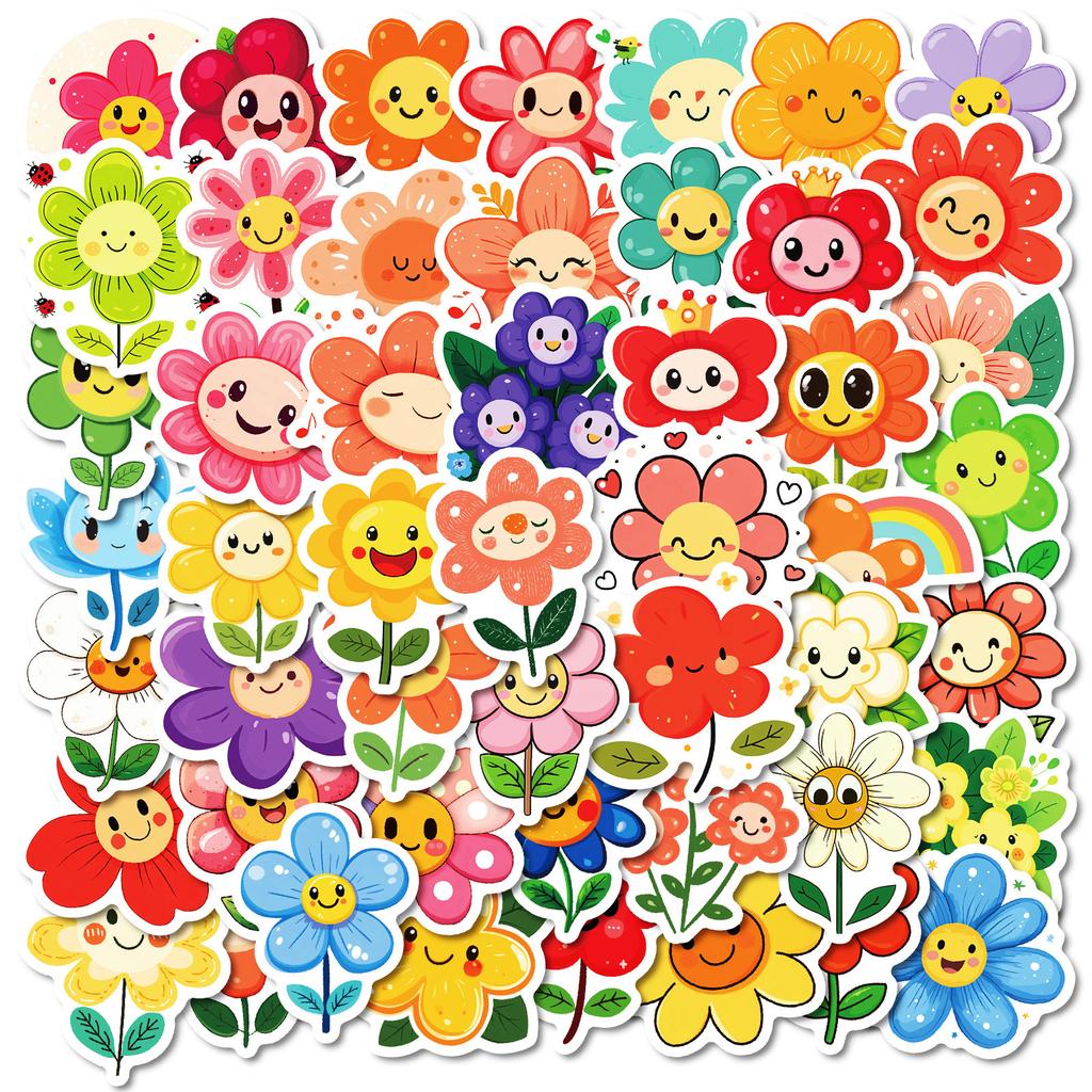50 Cute Cartoon Smiley Face Flowers Stickers Non-Repeating Children'S Reward Stickers Hand Account Flat Decoration Material Stickers