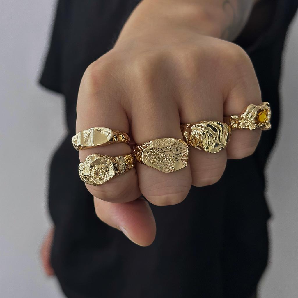 Ingemark 5Pcs/Set Vintage Irregular Metal Texture Ring Men Trendy Creative Open Adjustable Wide Ring Aesthetic New Jewelry Gift