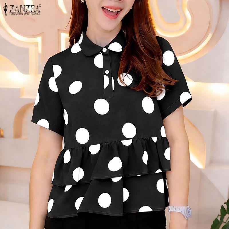 ZANZEA Damen Klassischer Kragen Sommer Lässig Tupfenmuster Kurzarm Bluse